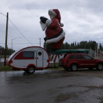 Santa looms over the parking lot at Santa Clause House, North Pole Alaska